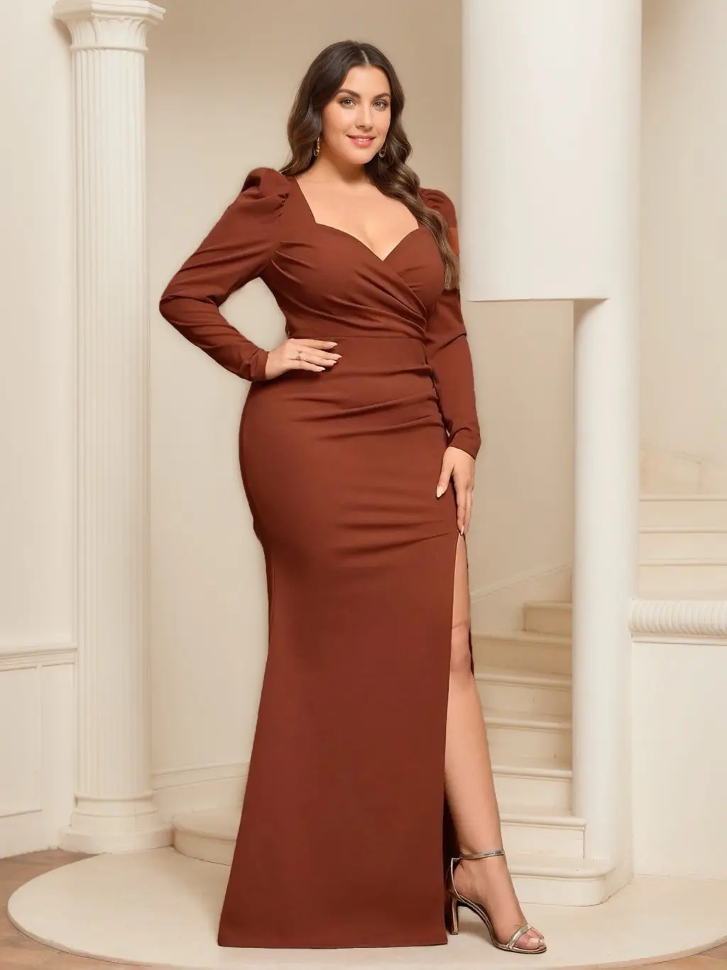 Sheath/Column Sweetheart Long Sleeves Floor-Length Unique Plus Size Bridesmaid Dresses with Split Side & Ruffles — view 1