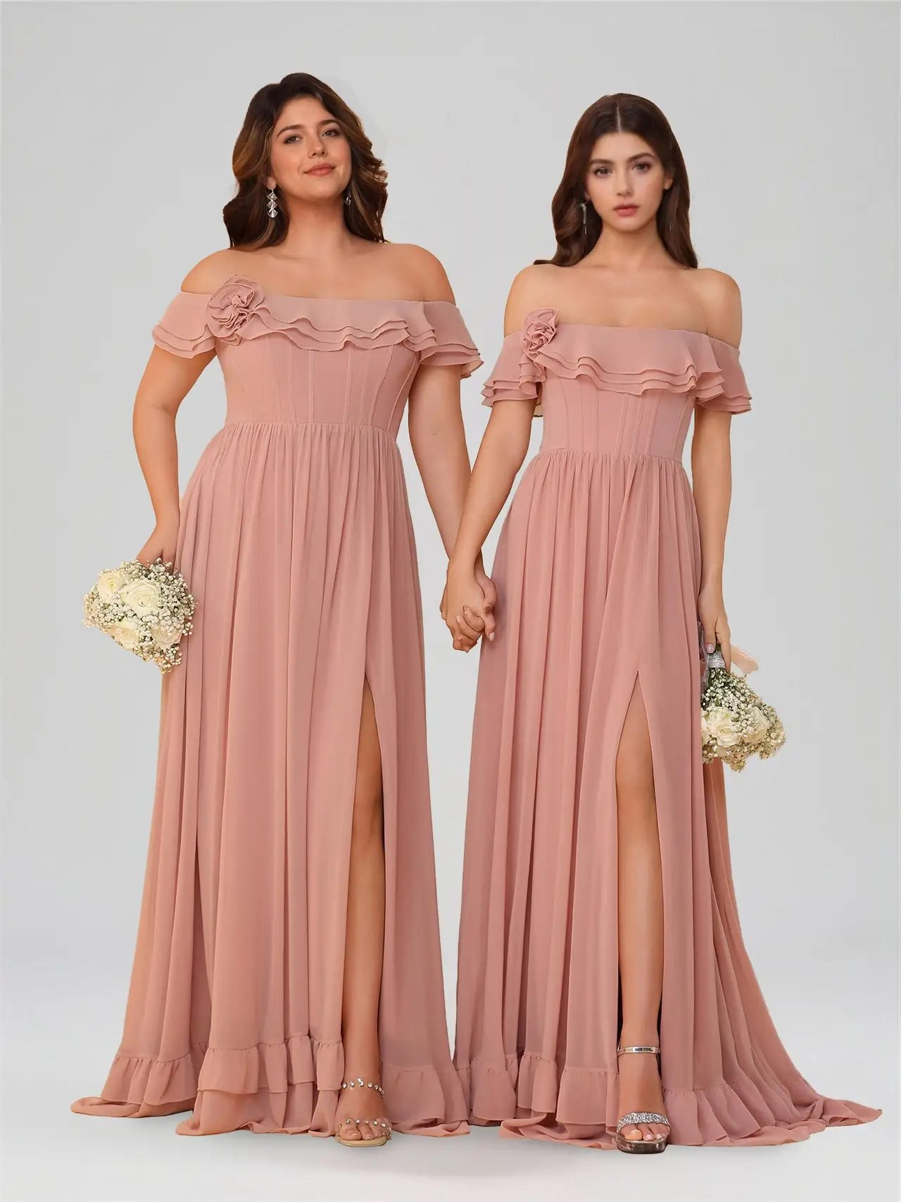 A-Line/Princess Off-the-Shoulder Short Sleeves Floor-Length Bridesmaid Dresses with Split Side & Ruched — view 1