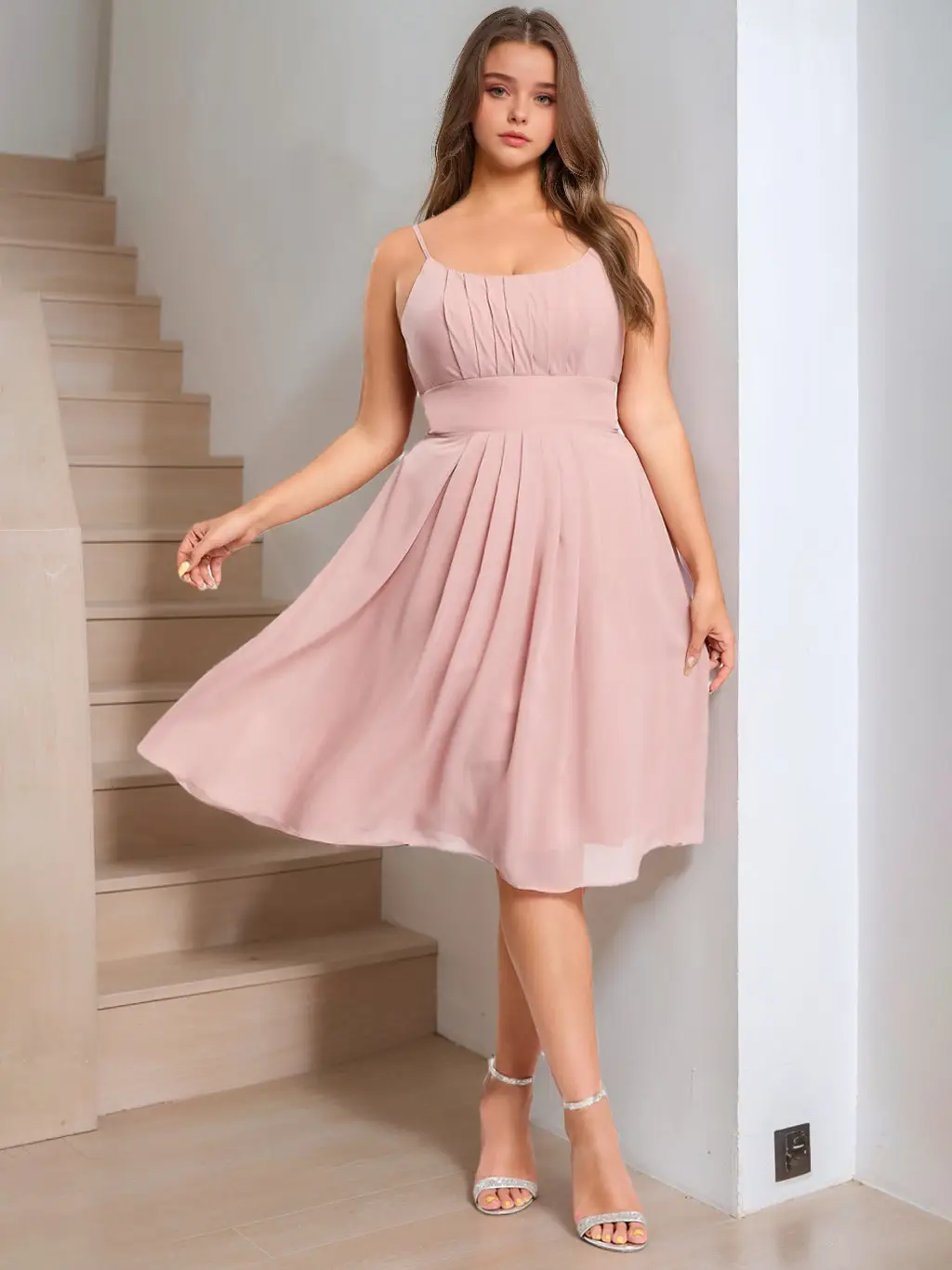A-Line/Princess Spaghetti Straps Sleeveless Knee-Length Plus Size Bridesmaid Dresses with Ruffles — view 1