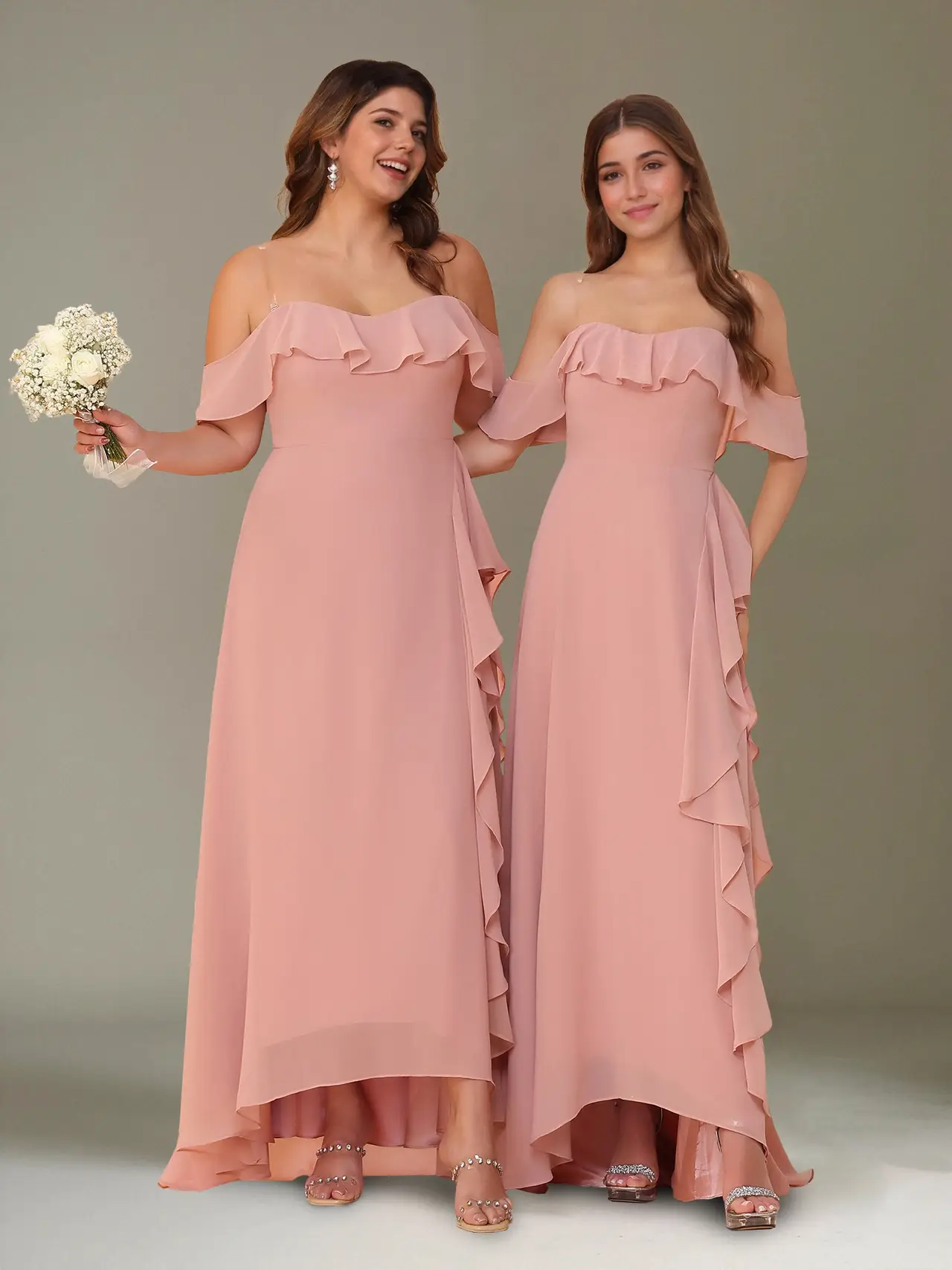 A-Line/Princess Off-the-Shoulder Asymmetrical Chiffon Bridesmaid Dresses with Ruffles — view 1