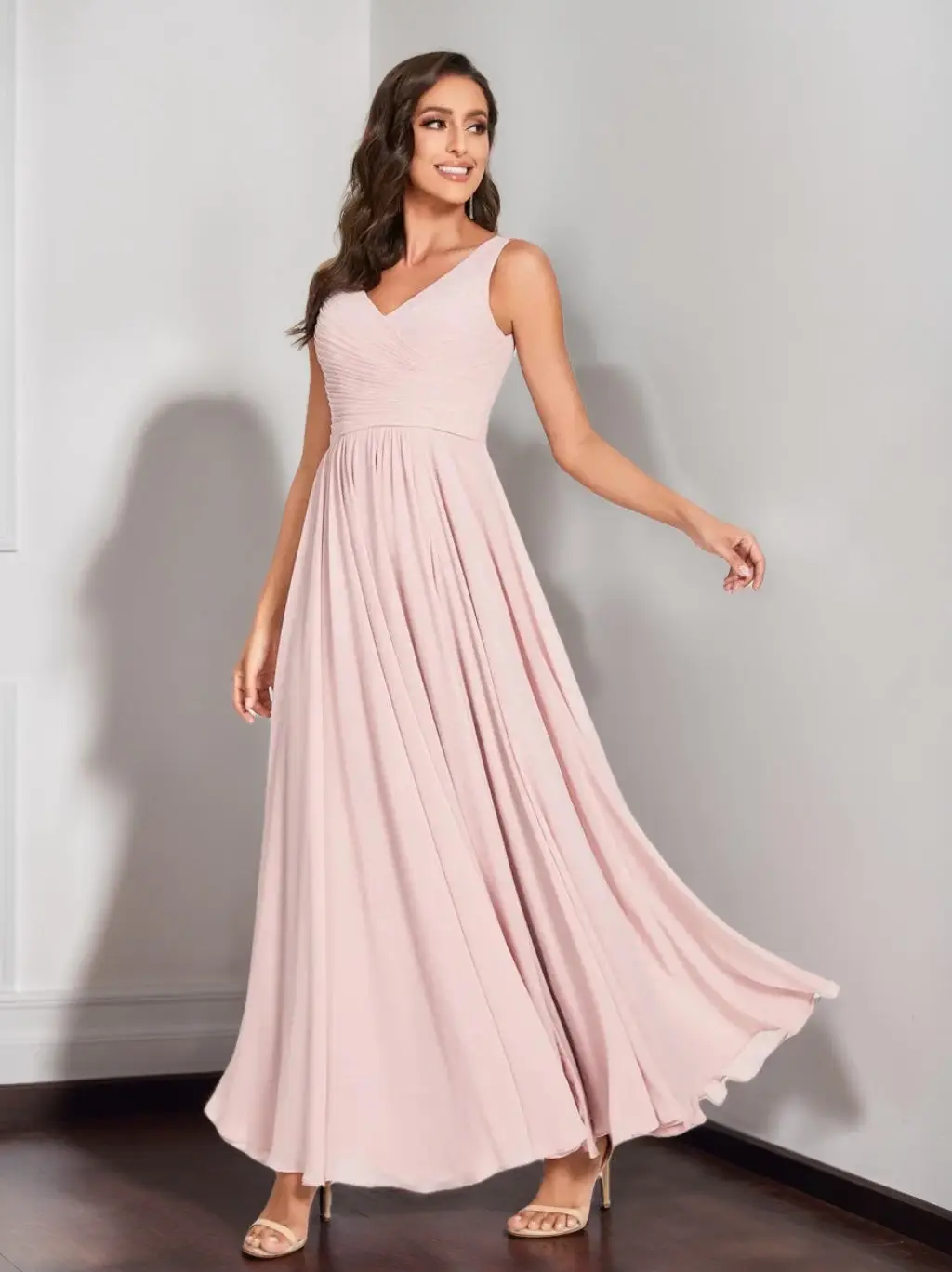 A-Line/Princess Chiffon V-Neck Sleeveless Floor-Length Bridemaid Dresses With Pleats — view 1