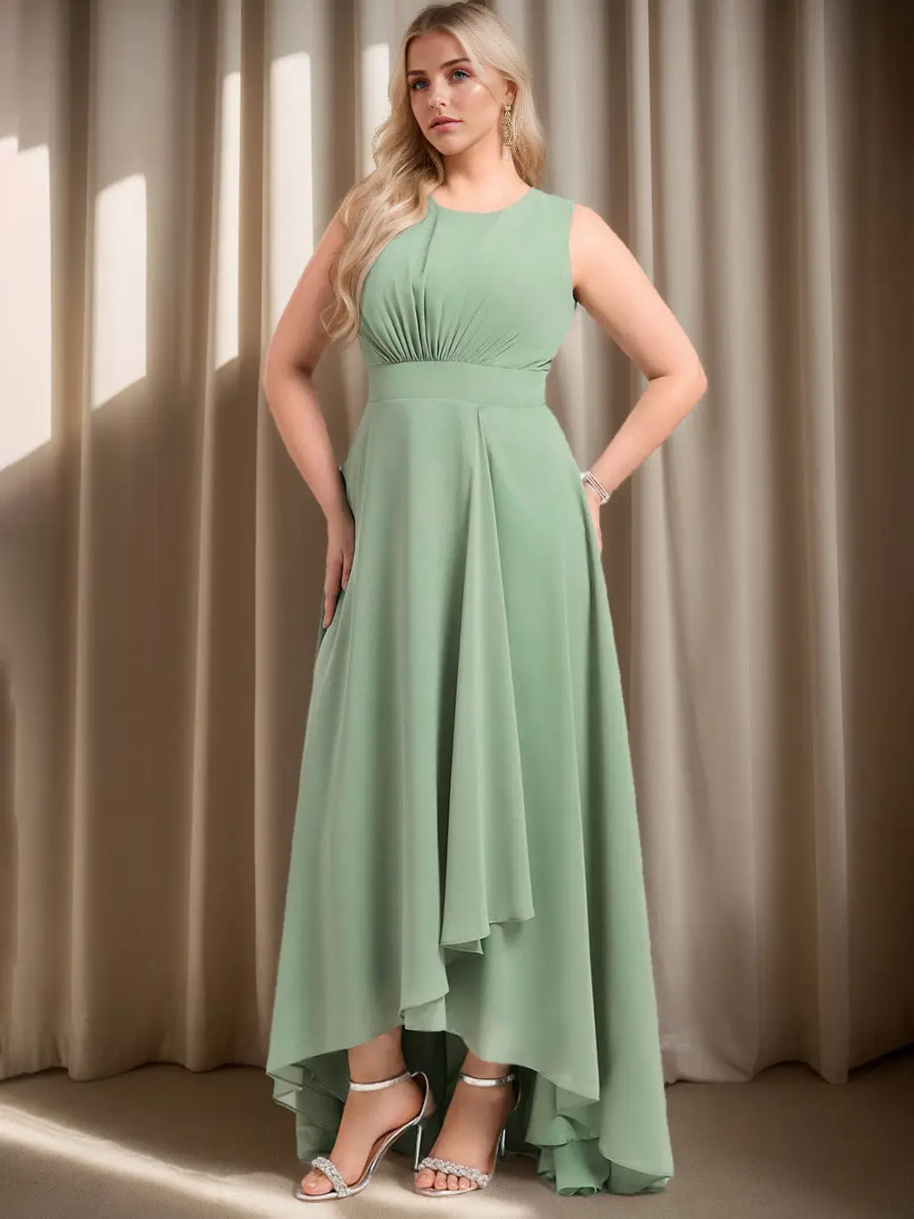 A-Line/Princess Scoop Sleeveless Asymmetrical Plus Size Bridesmaid Dress — view 1