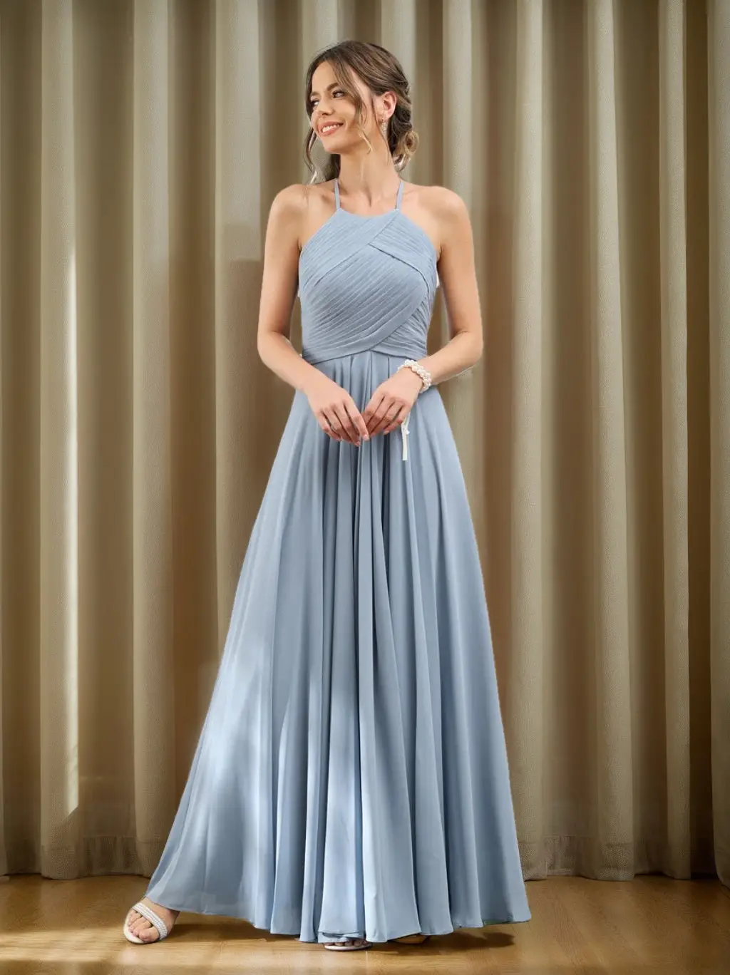 A-Line/Princess Halter Sleeveless Floor-Length Chiffon Bridesmaid Dresses with Ruched — view 1
