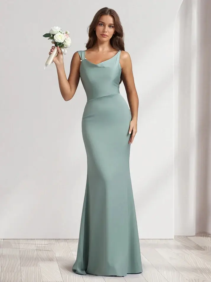 Sheath/Column Cowl Neck Floor-Length Bridesmaid Dresses with Beadings — view 1