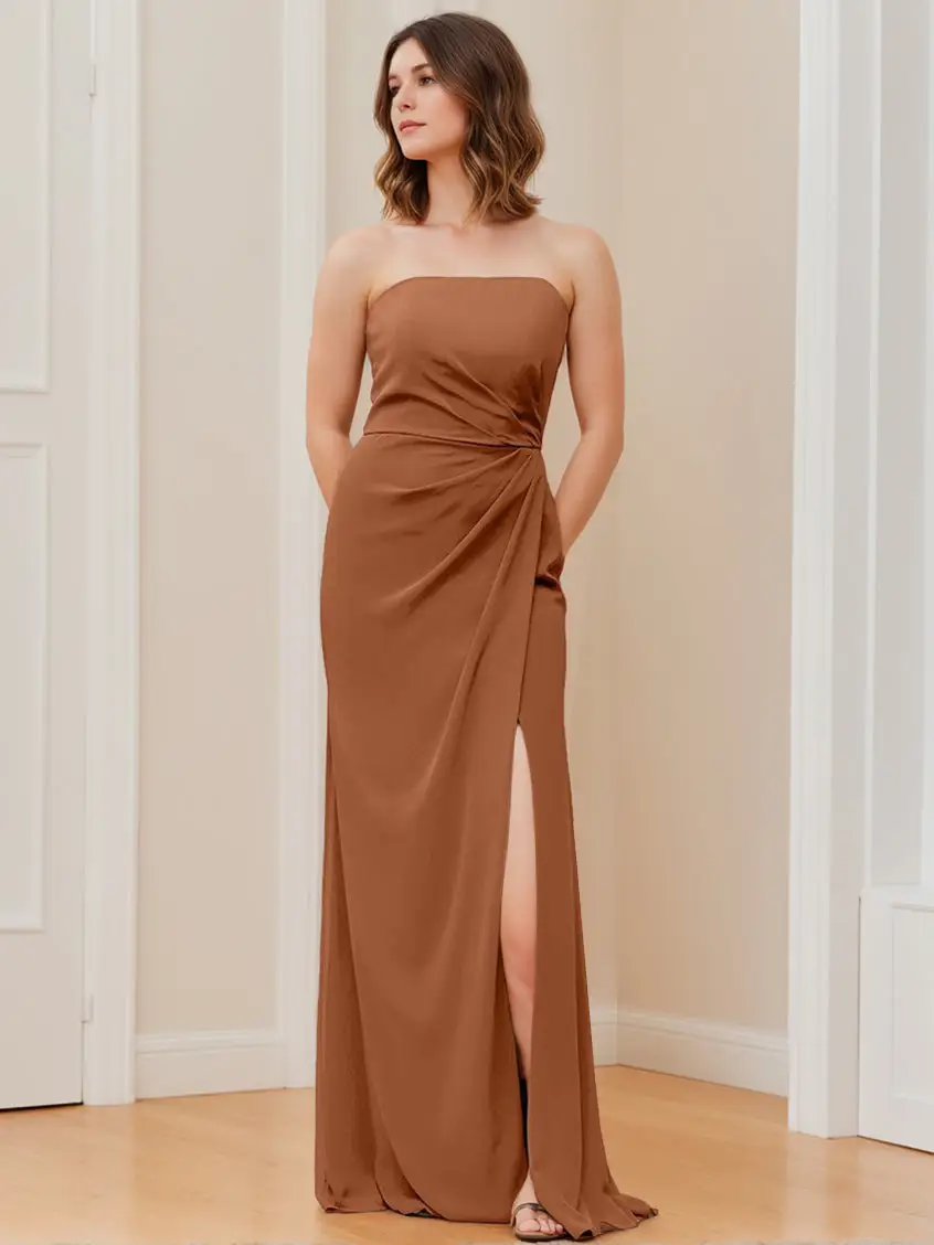 A-Line/Princess Strapless Neck Sleeveless Floor-Length Bridesmaid Dresses with Split Side & Ruffles — view 1
