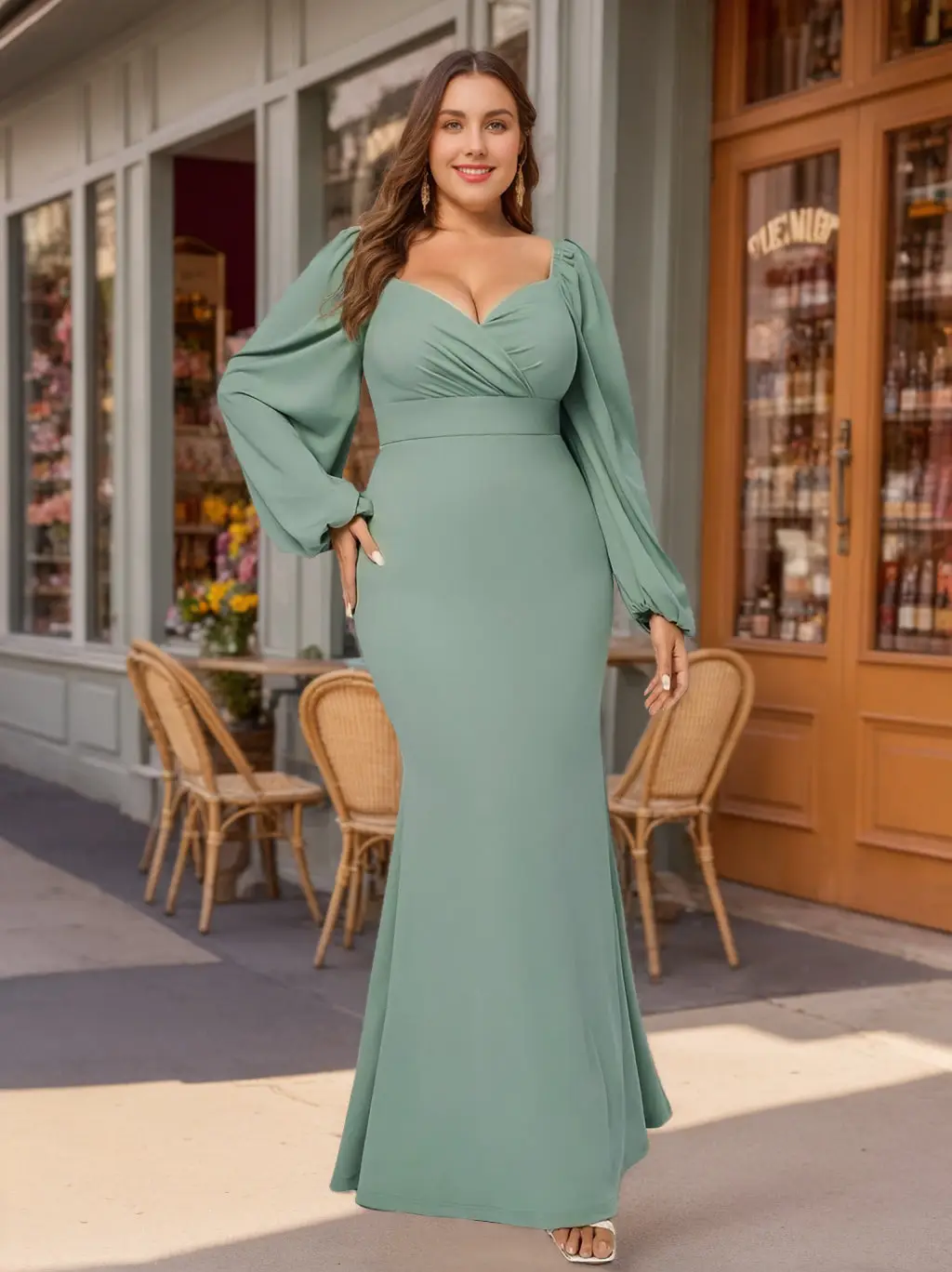Sheath/Column Deep V-Neck Long Sleeves Floor-Length Unique Plus Size Bridesmaid Dresses with Ruffles — view 1