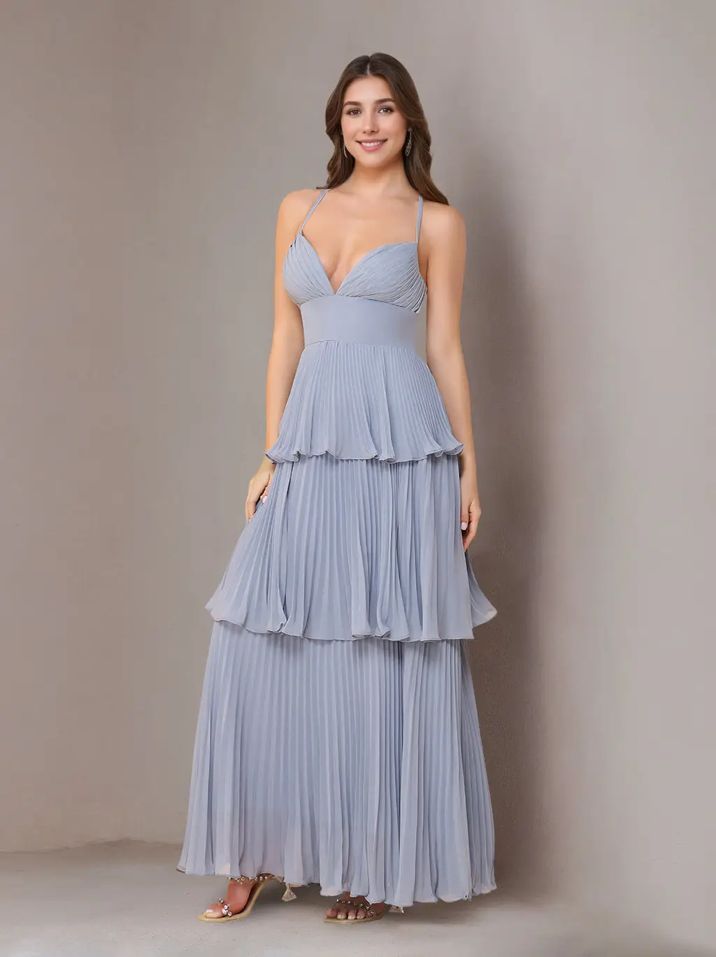 A-Line/Princess Spaghetti Straps Sleeveless Floor-Length Chiffon Bridesmaid Dresses with Pleated — view 1