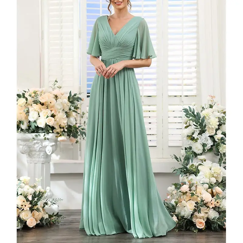A-Line/Princess V Neck Short Sleeves Bridesmaid Dresses Wedding Guest Dresses — view 1