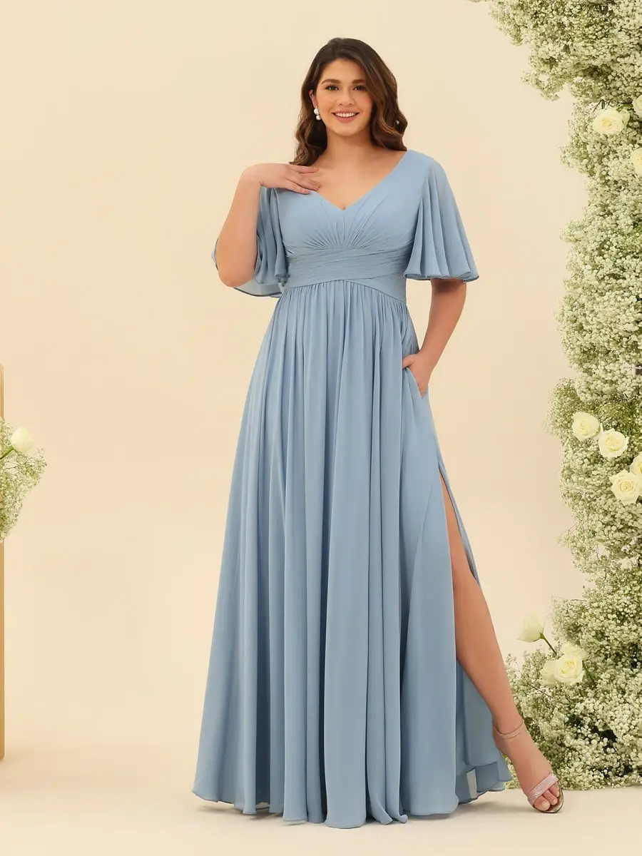 A-Line V-Neck Half Sleeves Plus Size Chiffon Bridesmaid Dresses With Split Side — view 1