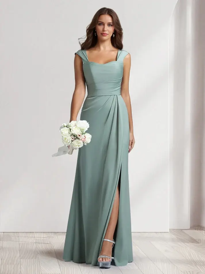 Sheath/Column Square Neck Long Ruched Bridesmaid Dresses with Split Side — view 1