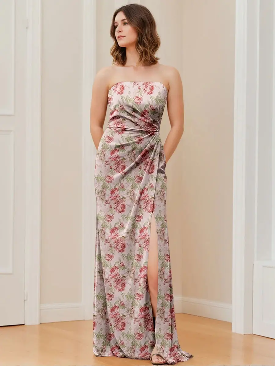 Sheath/Column Strapless Sleeveless Floor-Length Printed Floral Ruched Bridesmaid Dresses with Split Side — view 1