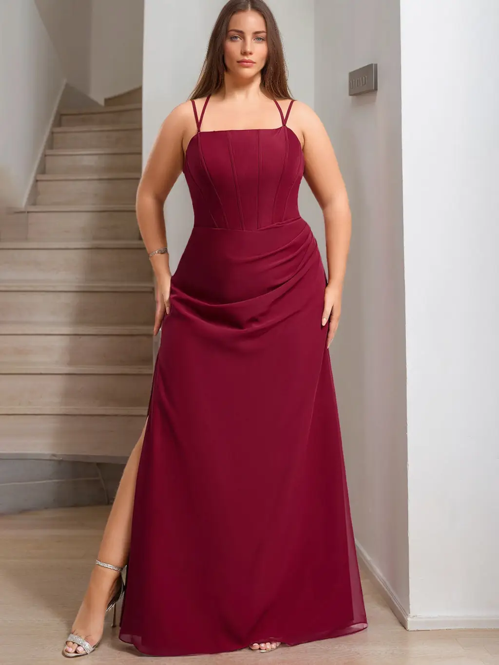 Mermaid/Trumpet Spaghetti Straps Square Neck Sleeveless Plus Size Bridesmaid Dresses with Split Side — view 1