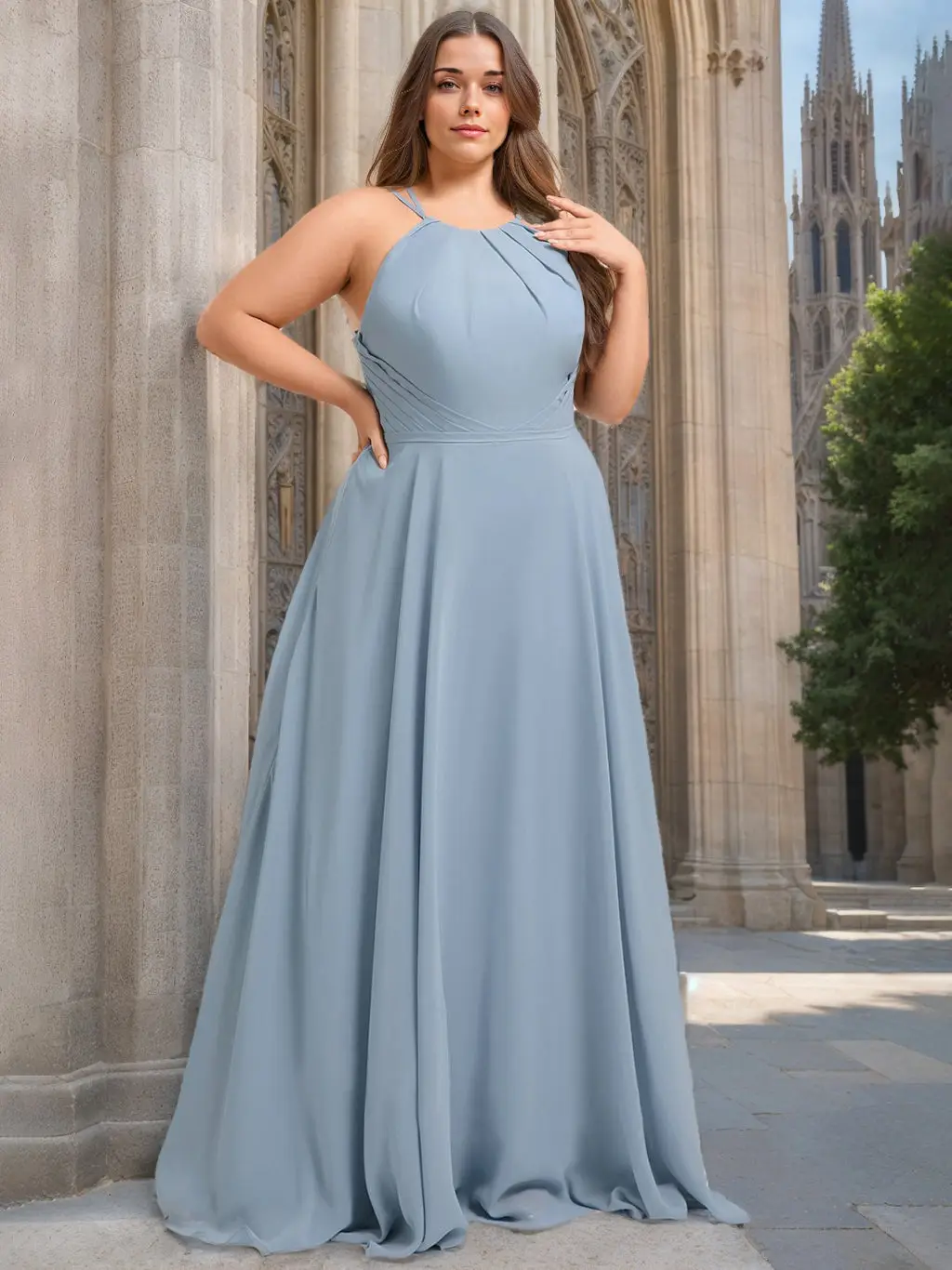 A-Line/Princess Halter Sleeveless Floor-Length Chiffon Plus Size Bridesmaid Dresses — view 1