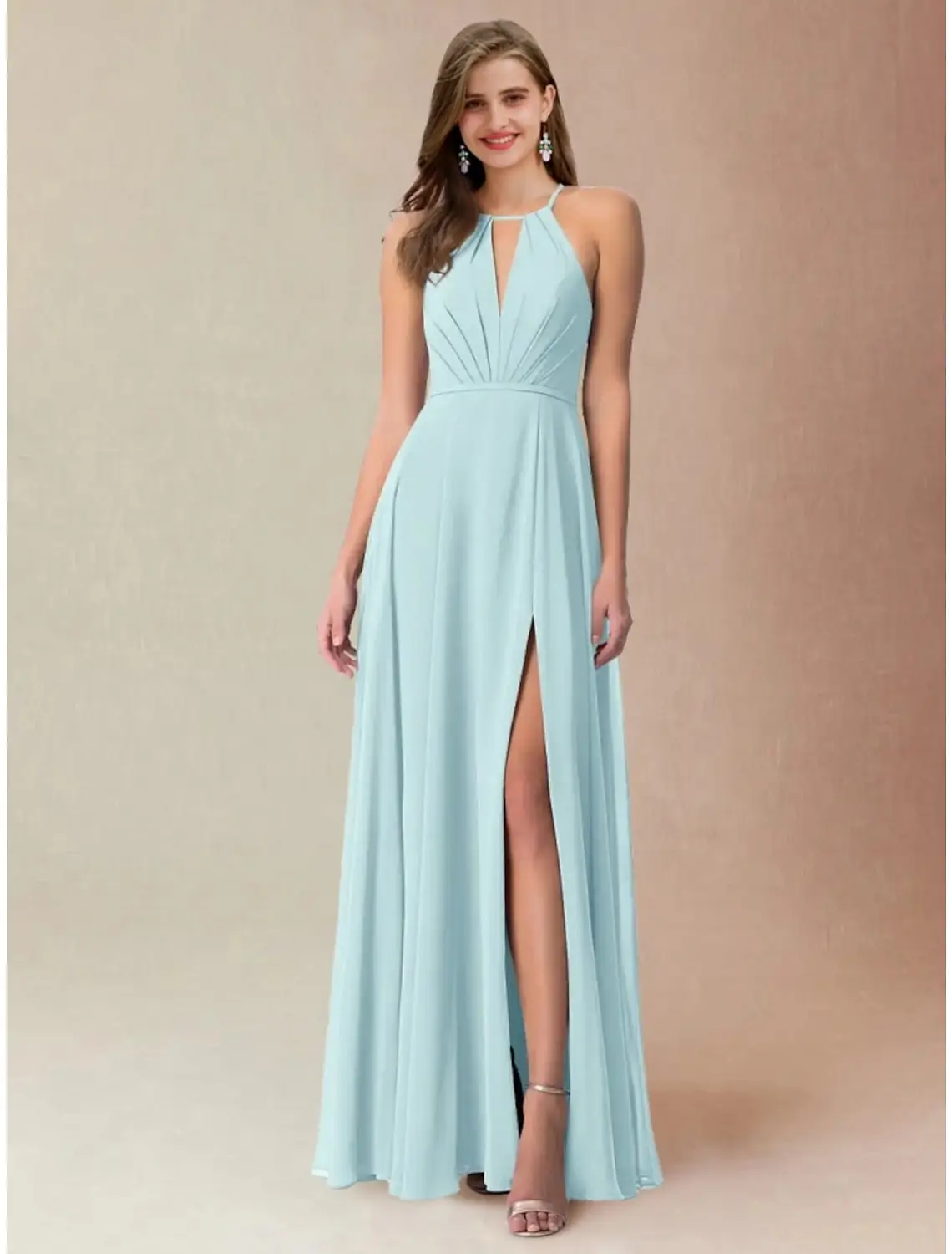 A-Line/Princess Halter Floor-length Long Bridesmaid Dresses — LV45144373 — view 1