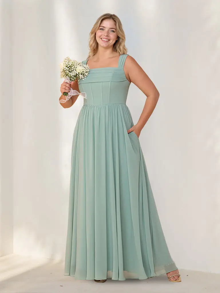 A-Line/Princess Square Neck Sleeveless Floor-Length Chiffon Plus Size Bridesmaid Dresses with Pleats — view 1