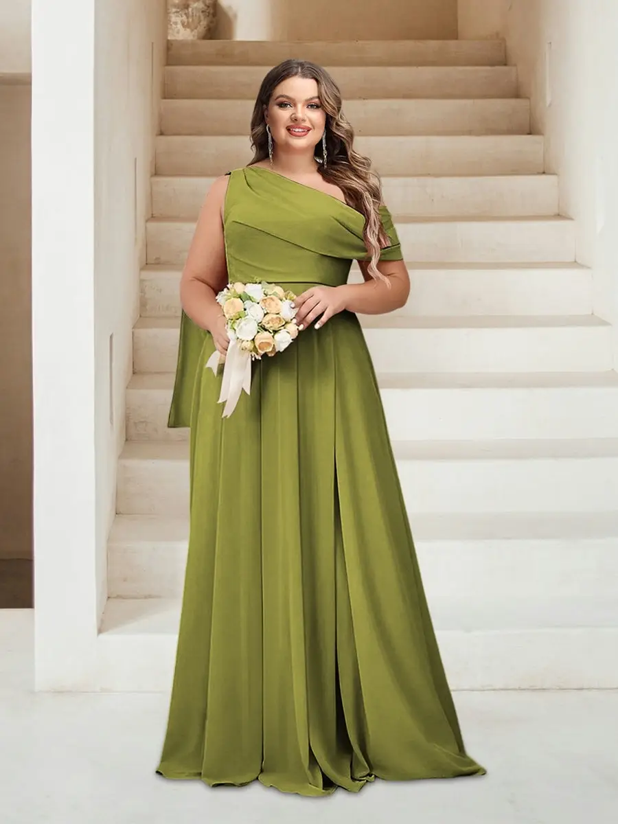 A-Line/Princess One-Shoulder Floor-Length Sleeveless Plus Size Bridesmaid Dresses — view 1