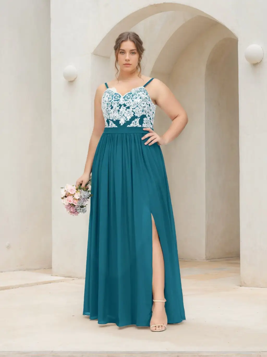 A-Line/Princess Spaghetti Straps V-Neck Sleeveless Floor-Length Plus Size Bridesmaid Dresses with Split Side & Appliques — view 1