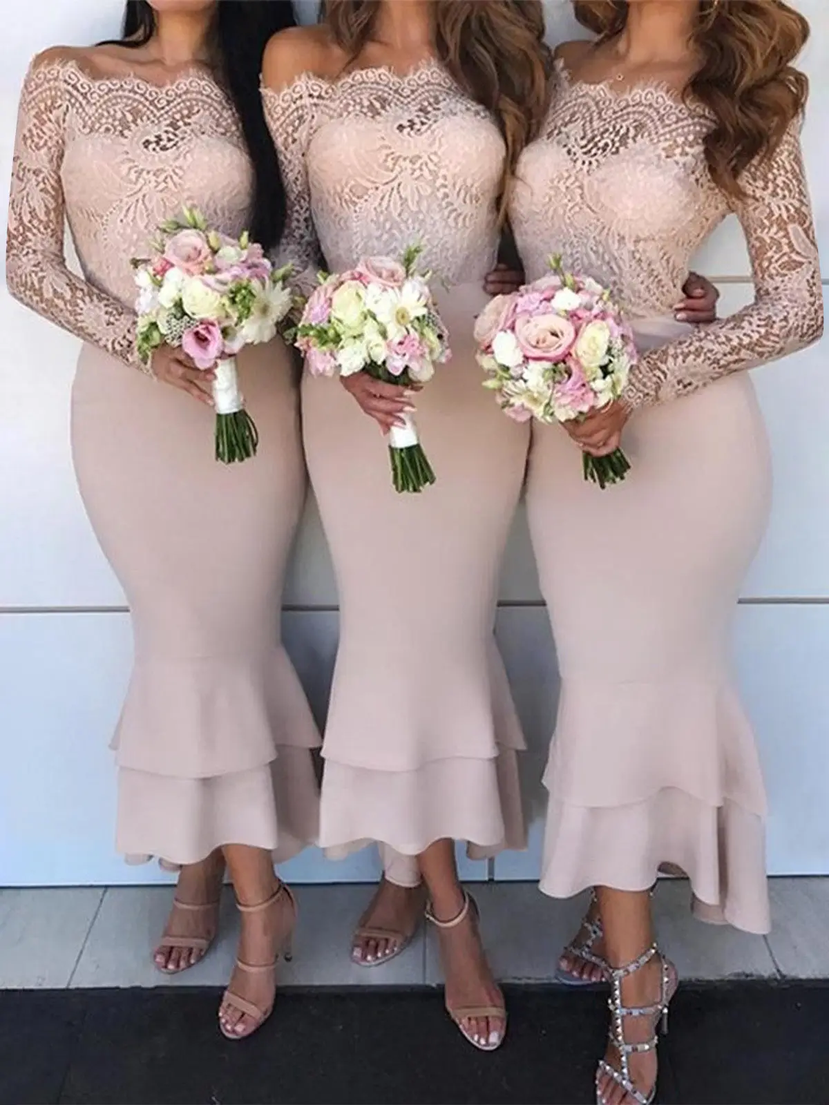 Trumpet/Mermaid Off-the-Shoulder Long Sleeves Asymmetrical Bridesmaid Dresses with Ruffles — view 1