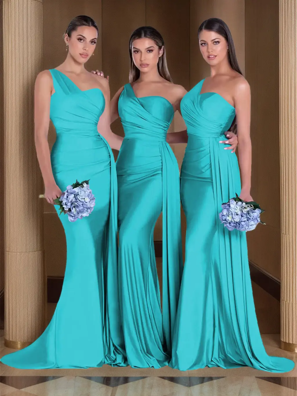 Mermaid/Trumpet Satin One-Shoulder Sleeveless Floor-Length Bridesmaid Dresses — view 1