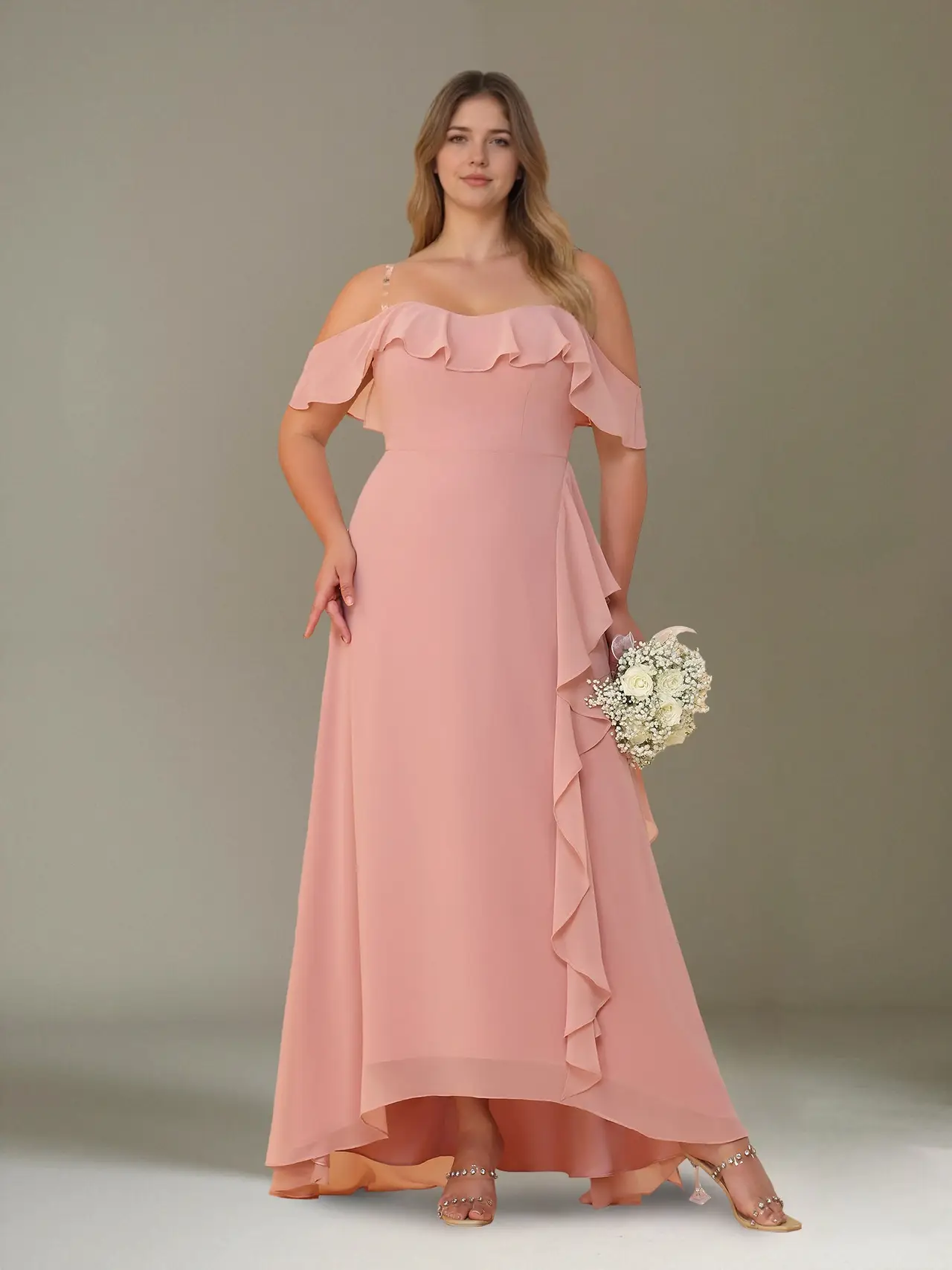 A-Line/Princess Off-the-Shoulder Asymmetrical Chiffon Plus Size Bridesmaid Dresses with Ruffles — view 1
