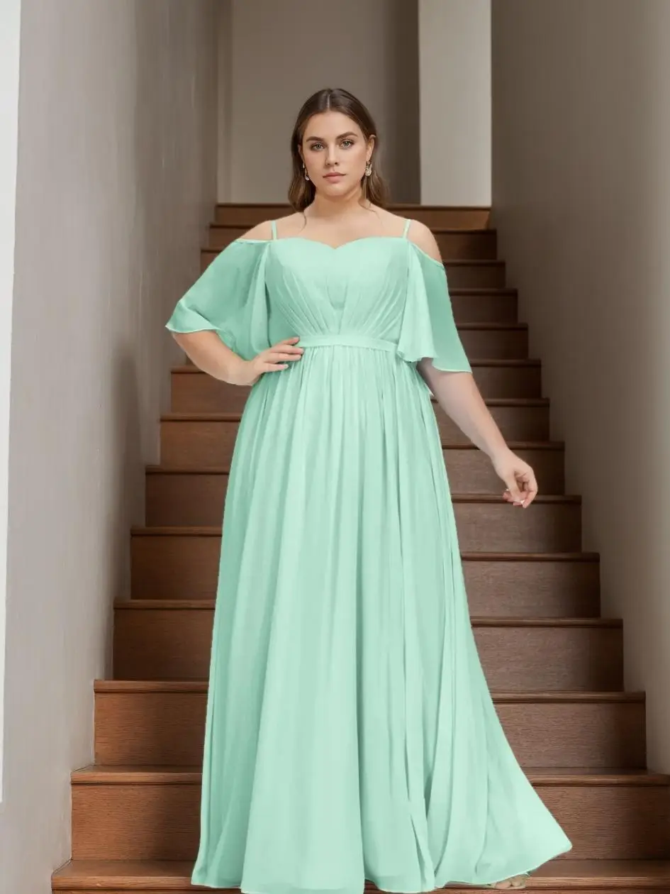 A-Line/Princess Spaghetti Straps Short Sleeves Floor-Length Plus Size Bridesmaid Dresses — view 1