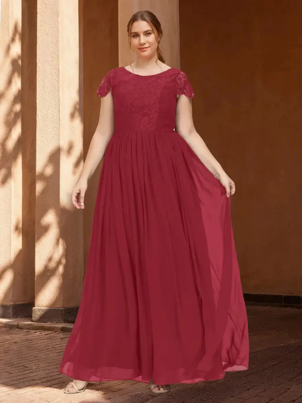 A-Line/Princess Scoop Neck Short Sleeves Floor-Length Plus Size Bridesmaid Dress With Embroidery — view 1