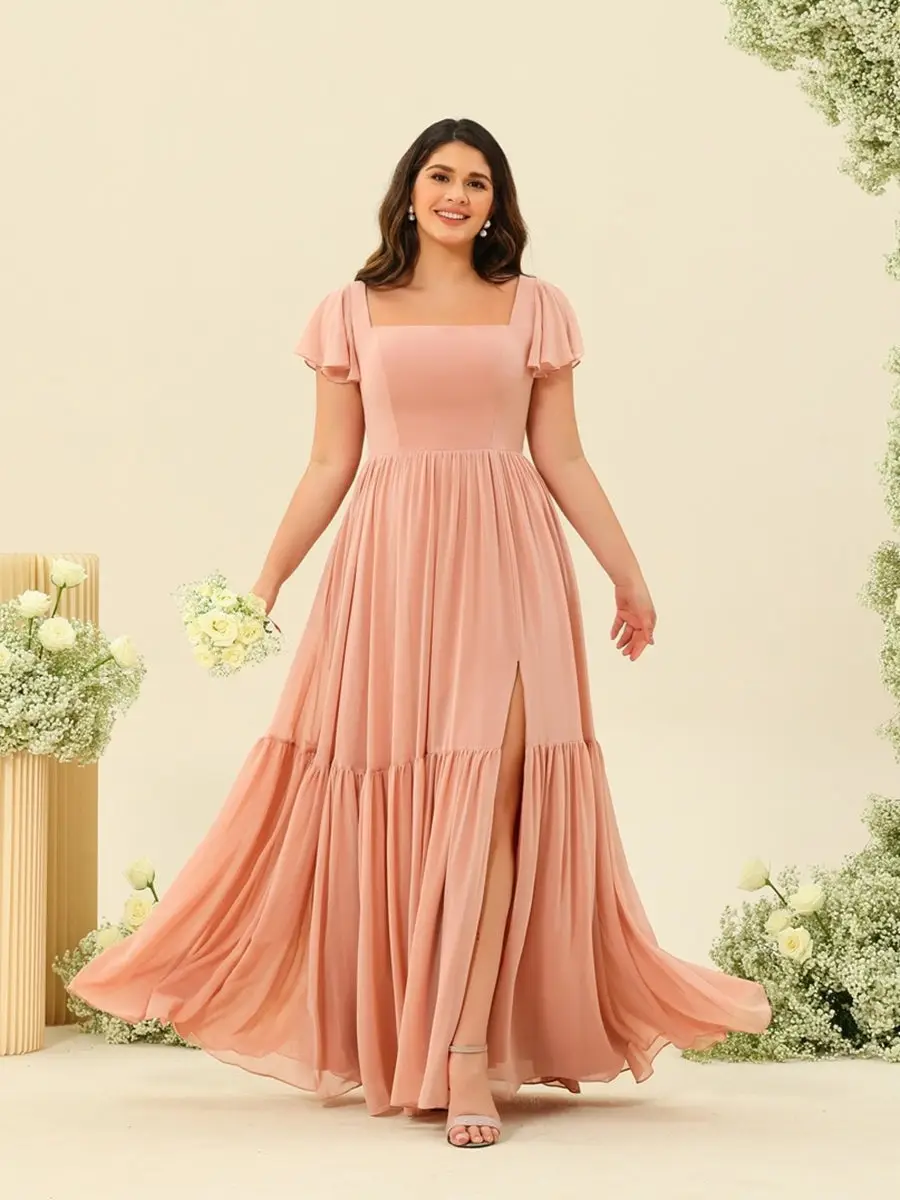 A-Line/Princess Ruffles Floor-Length Short Sleeves Plus Size Bridesmaid Dresses — view 1