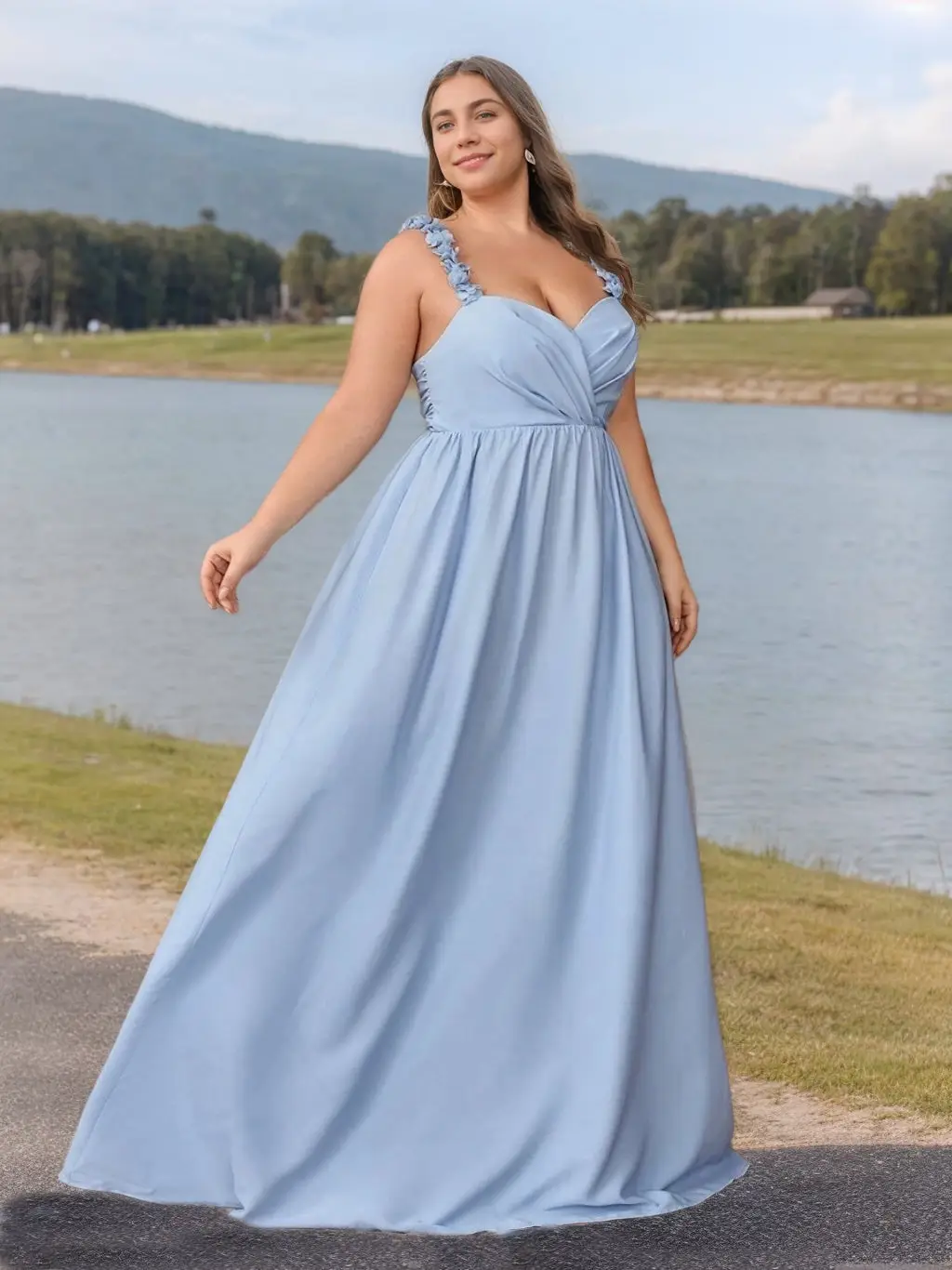A-Line/Princess Sweetheart Sleeveless Floor-Length Plus Size Bridesmaid Dresses with Ruffles & 3D Flower — view 1