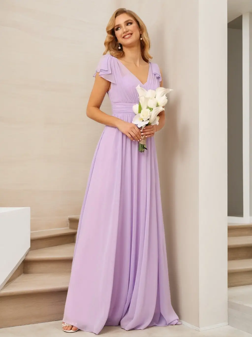 A-Line/Princess V-Neck Short Sleeves Long Bridesmaid Dresses with Ruffles — view 1