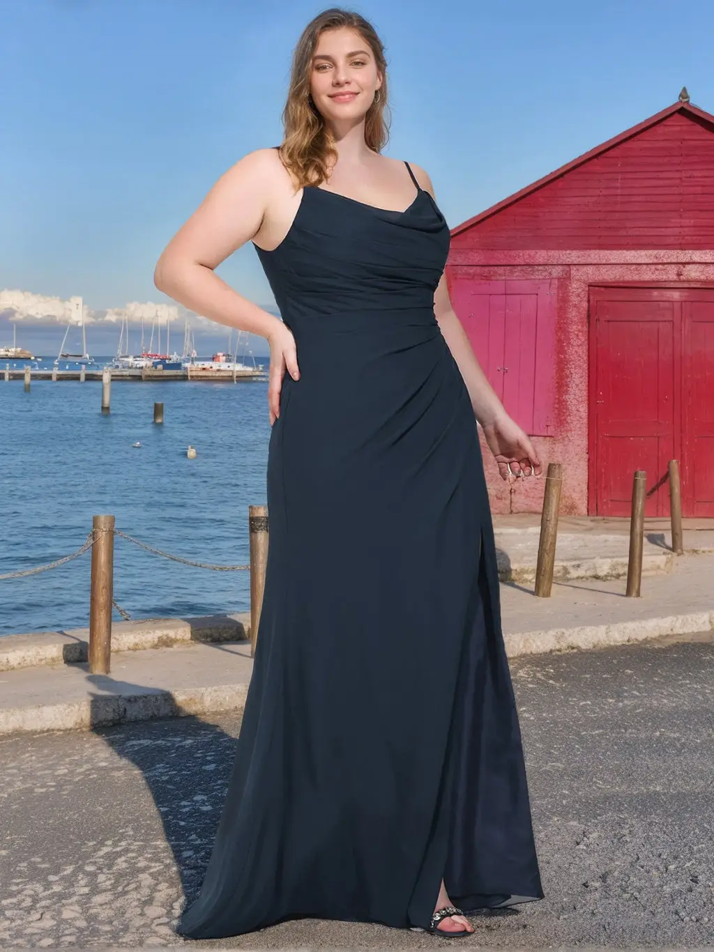 Mermaid/Trumpet Spaghetti Straps Cowl Neck Sleeveless Chiffon Plus Size Bridesmaid Dresses with Ruffles — view 1