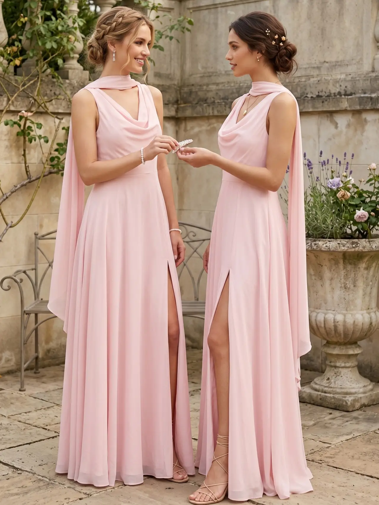 A-Line/Princess Cowl Neck Sleeveless Floor-Length Chiffon Bridesmaid Dresses With High Split — view 1