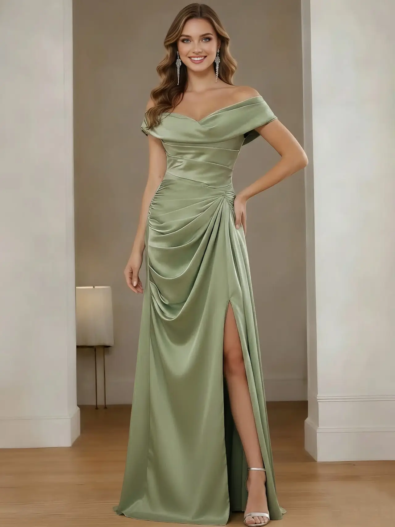 A-Line/Princess Off-the-Shoulder Silk Satin Bridesmaid Dresses with Split Side Sleeveless Floor-Length Ruched — view 1