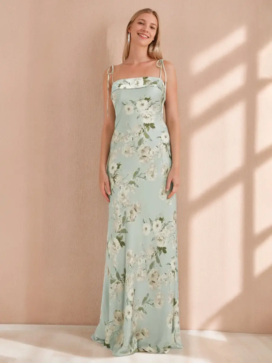 Sheath/Column Spaghetti Straps Sleeveless Printed Floral Long Bridesmaid Dresses with Ruffles — view 1