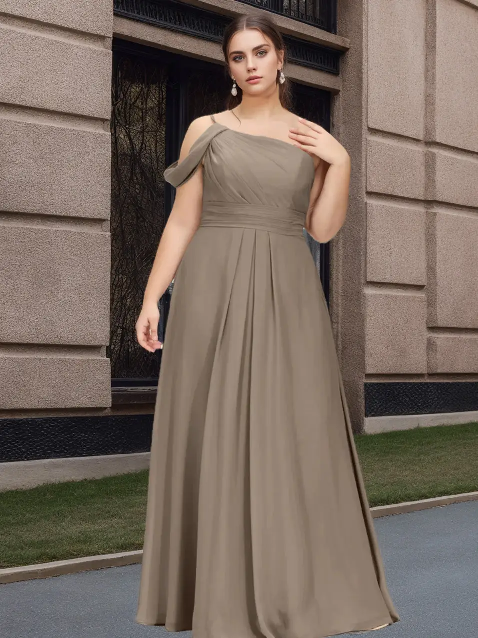 A-Line/Princess Spaghetti Straps One-Shoulder Floor-Length Plus Size Bridesmaid Dresses with Ruffles — view 1