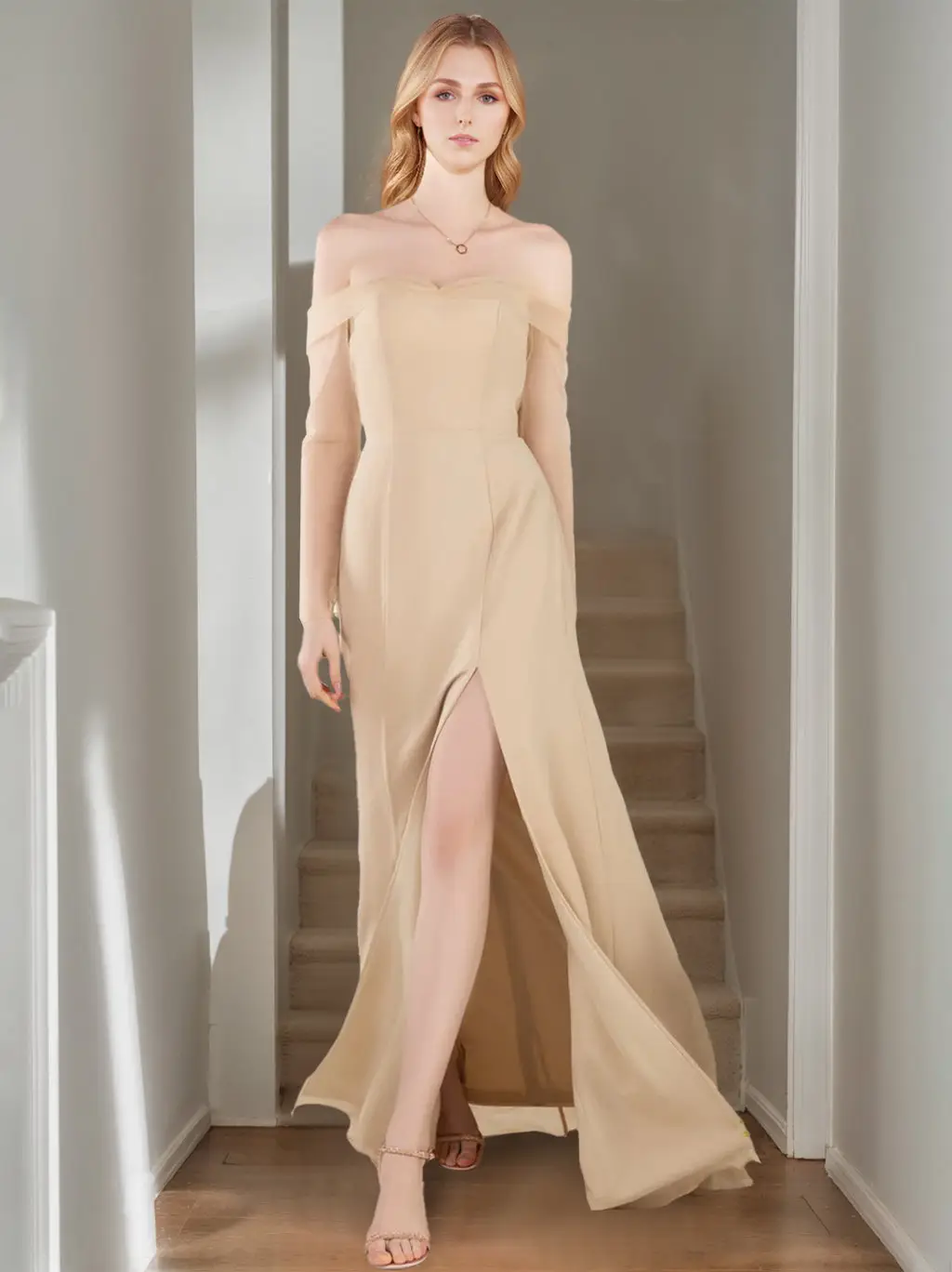 A-Line/Princess Off-the-Shoulder Sleeveless Floor-Length Bridesmaid Dresses with Split Side — view 1