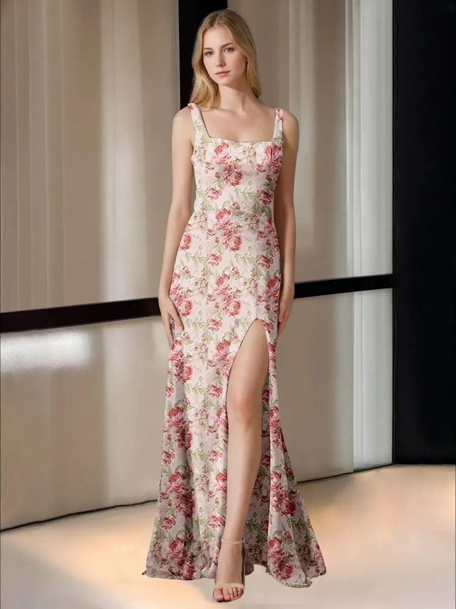 Sheath/Column Square Neck Floor-Length Printed Floral Bridesmaid Dresses with High Split — view 1