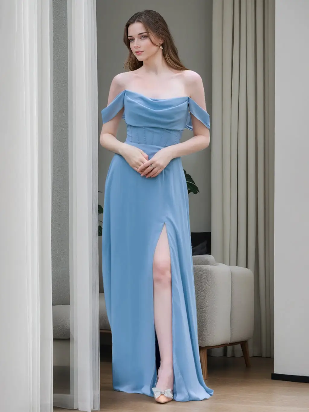 A-Line/Princess Strapless Neck Sleeveless Floor-Length Bridesmaid Dresses with Split Side — view 1