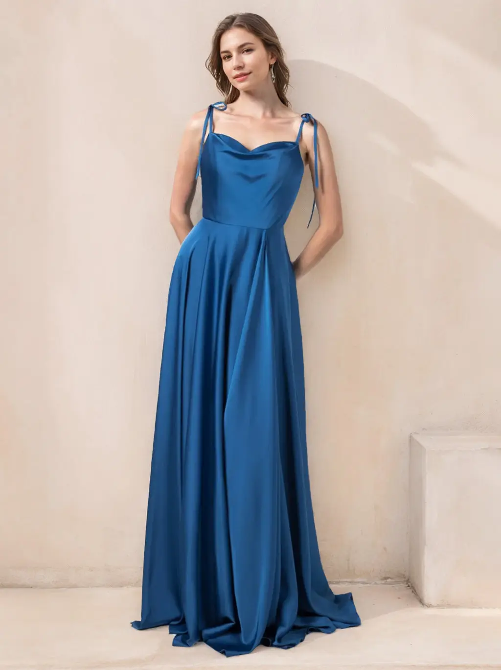 A-Line/Princess Spaghetti Straps Sleeveless Floor-Length Stretch Satin Bridesmaid Dresses — view 1