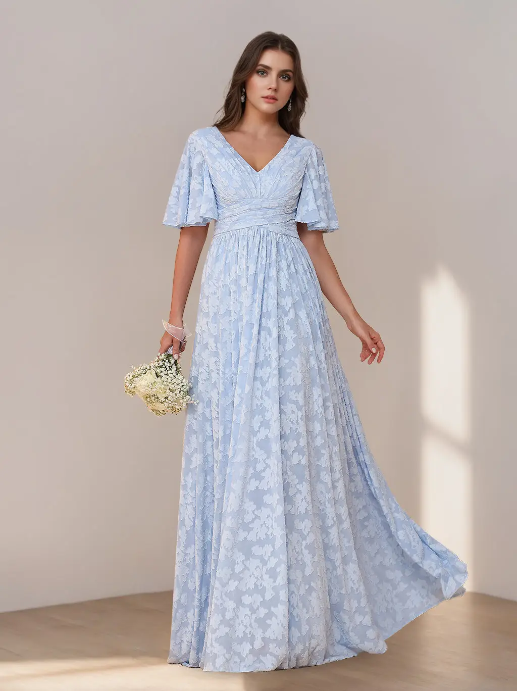 A-Line/Princess V-Neck Short Sleeves Floor-Length Long Bridesmaid Dresses with Ruffles — view 1