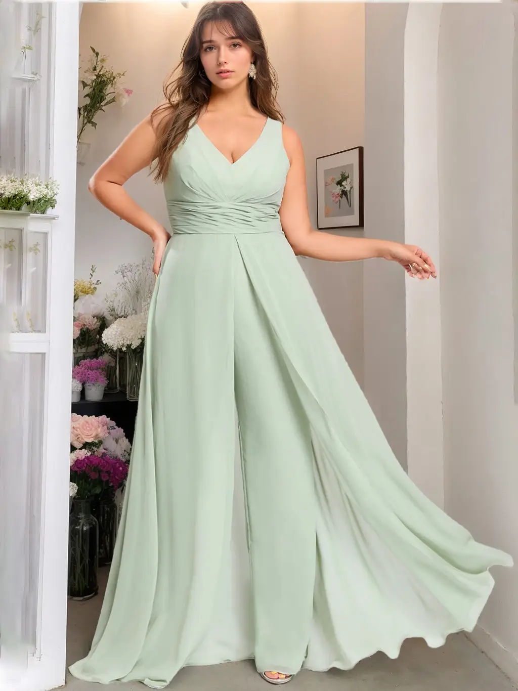 Pantsuit/Jumpsuit V-Neck Sleeveless Unique Chiffon Floor-Length Plus Size Bridesmaid Dresses with Ruffles — view 1