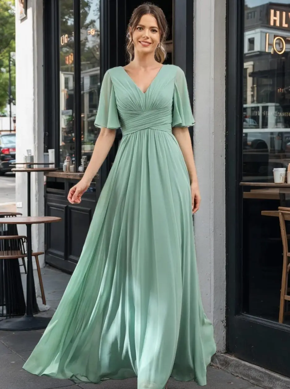A-Line/Princess V-Neck Half Sleeves Chiffon Bridesmaid Dresses With Pockets & Split Side — view 1