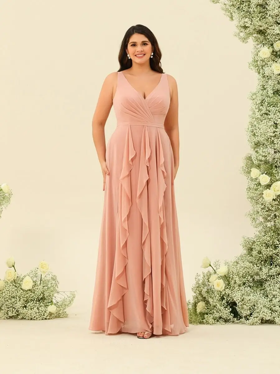 A-Line/Princess V-Neck Sleeveless Long Plus Size Ruched Bridesmaid Dresses with Ruffles — view 1