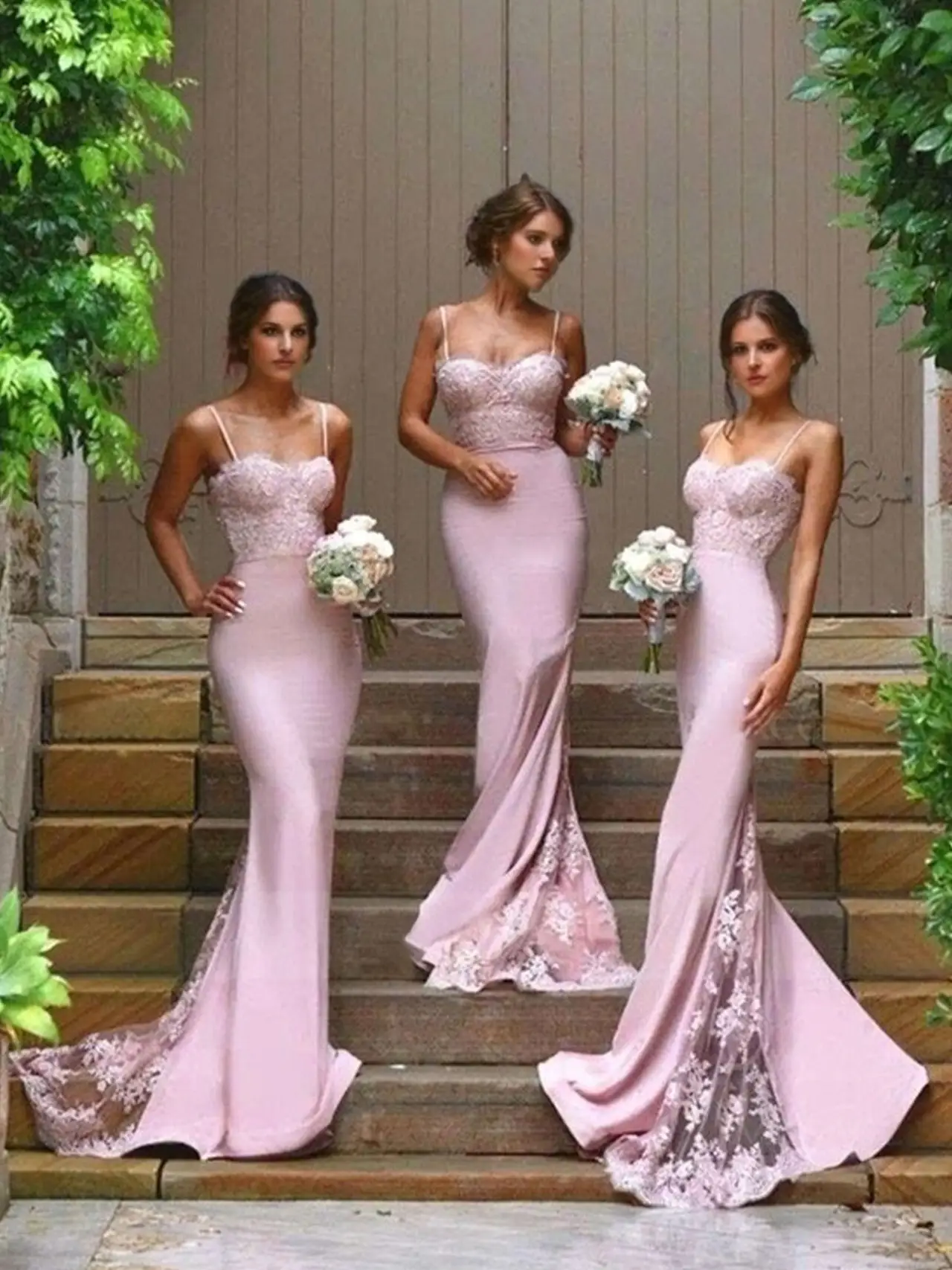 Trumpet/Mermaid Spaghetti Straps Sleeveless Sweep Train Bridesmaid Dresses with Lace Appliques — view 1