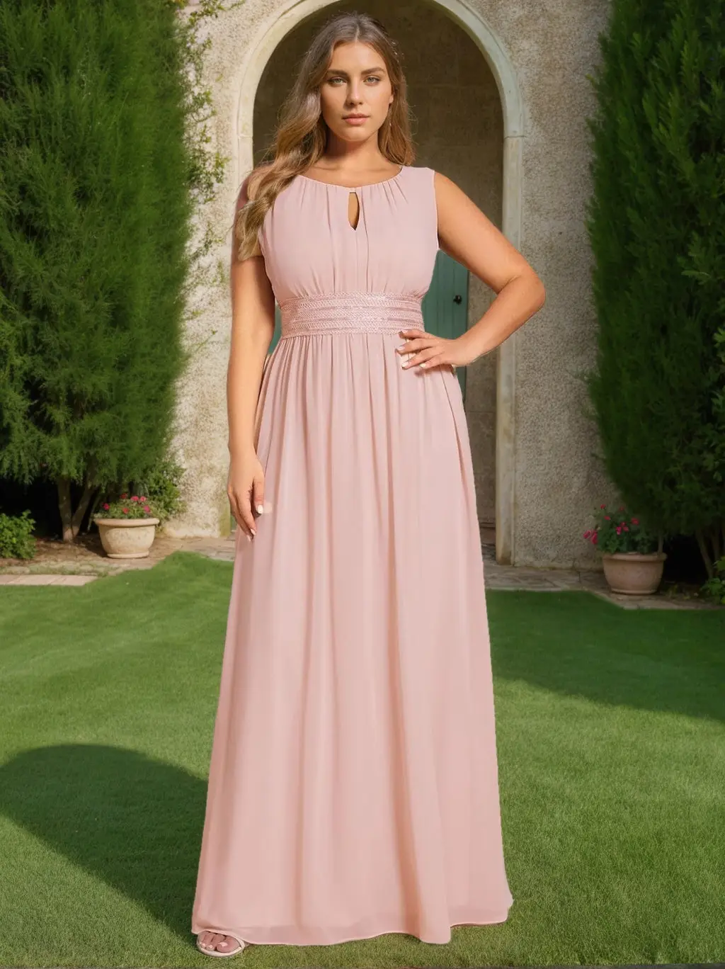 A-Line/Princess Scoop Sleeveless Floor-Length Plus Size Bridesmaid Dress — view 1