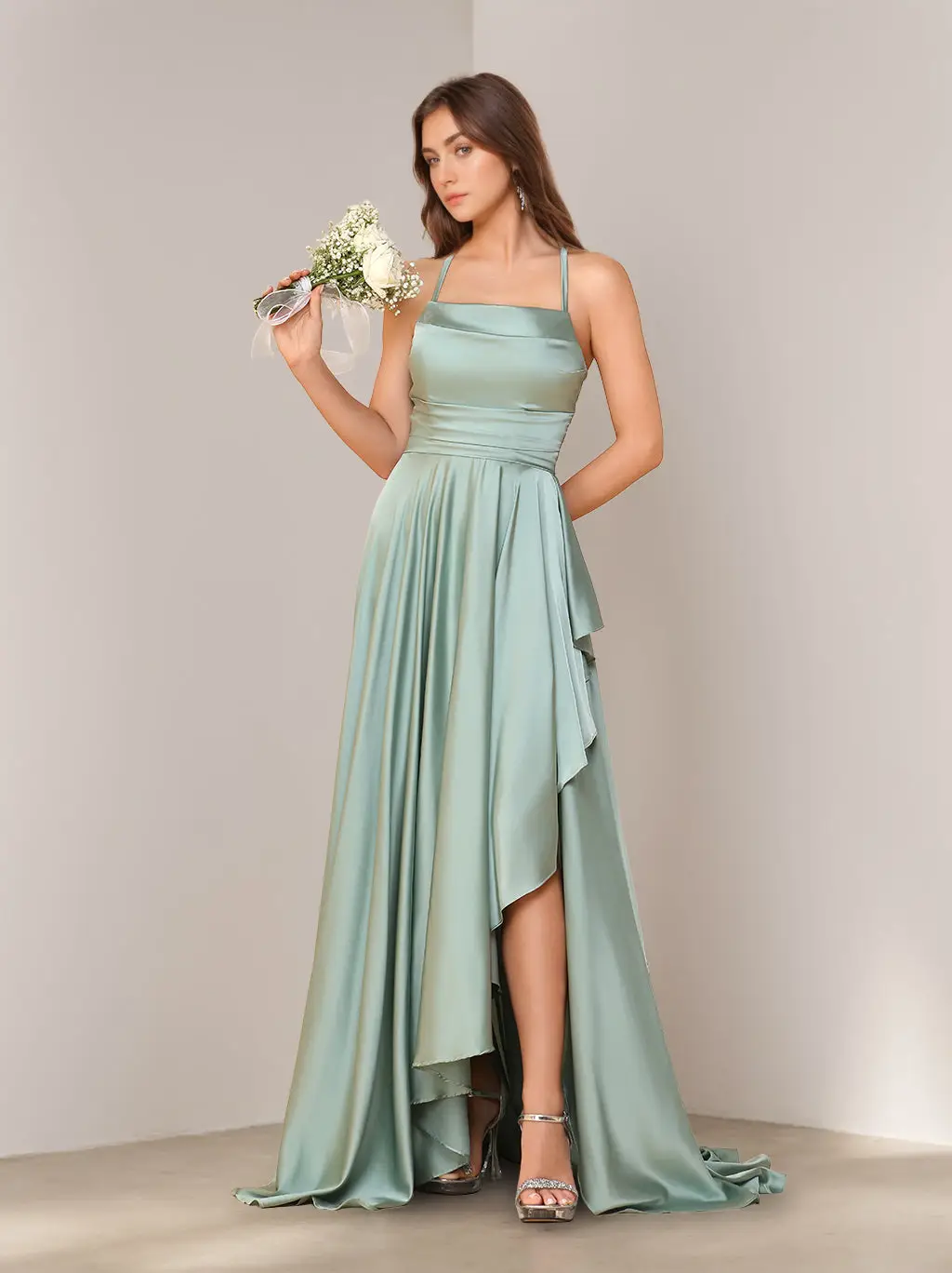 A-Line/Princess Spaghetti Straps Sleeveless Asymmetrical Bridesmaid Dresses with Split Side — view 1