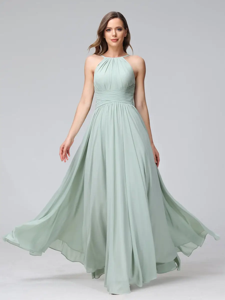 A-Line/Princess Halter Sleeveless Floor-Length Bridemaid Dresses with Ruffles — view 1