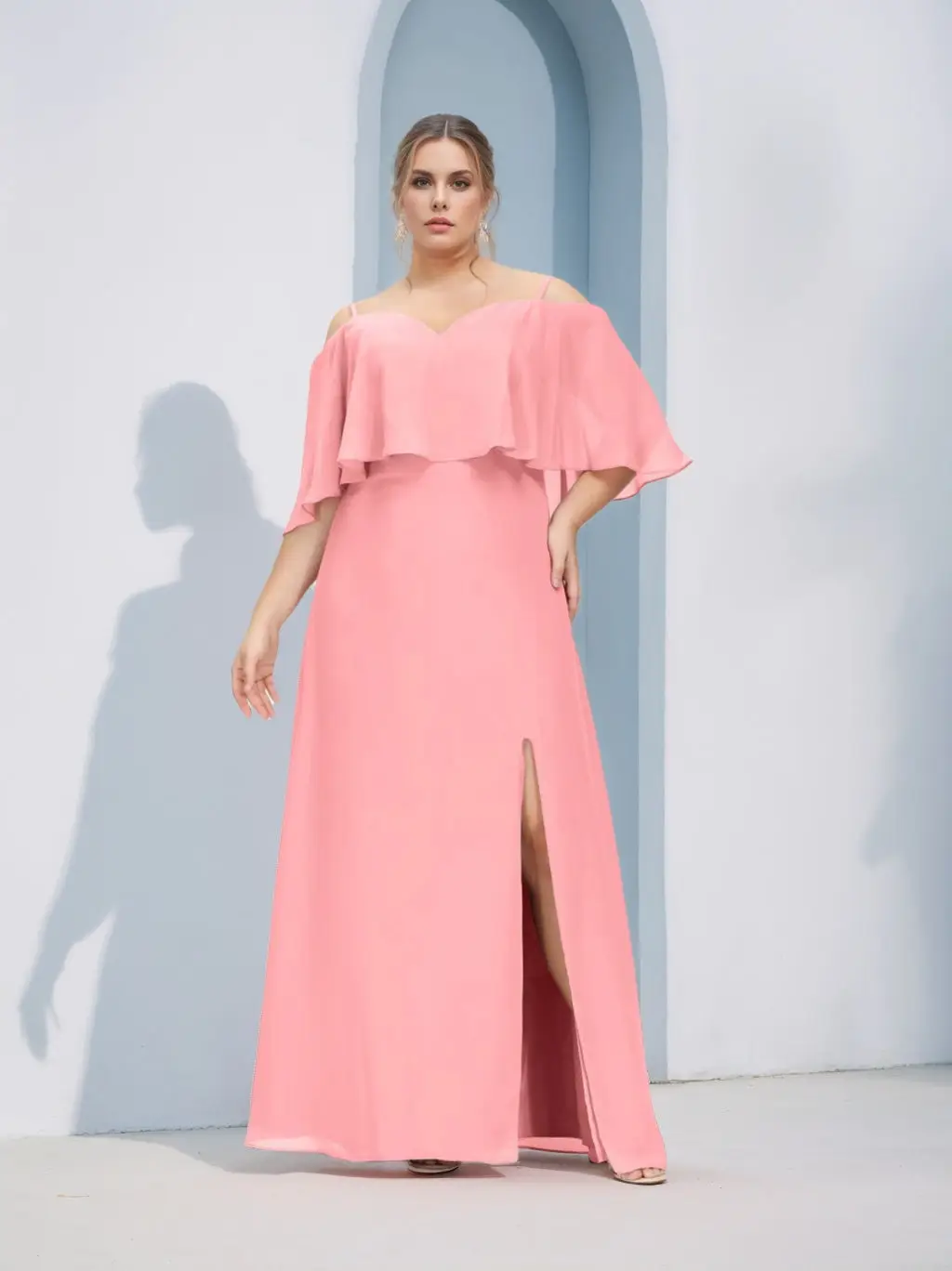 A-Line/Princess Spaghetti Straps Half Sleeves Floor-Length Plus Size Bridesmaid Dresses with Split Side — view 1