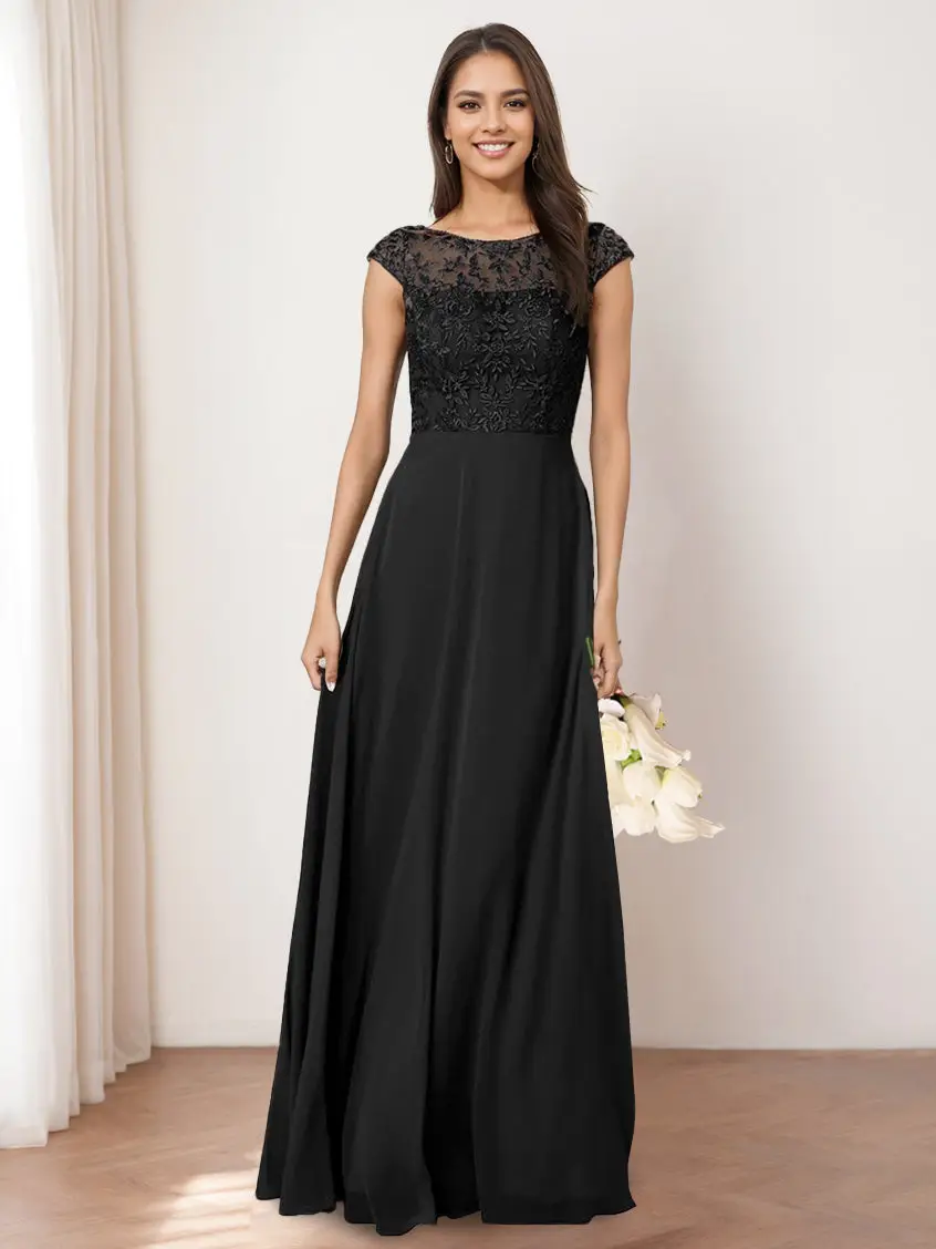A-Line/Princess Jewel Neck Sleeveless Floor-Length Long Bridesmaid Dresses with Lace — view 1