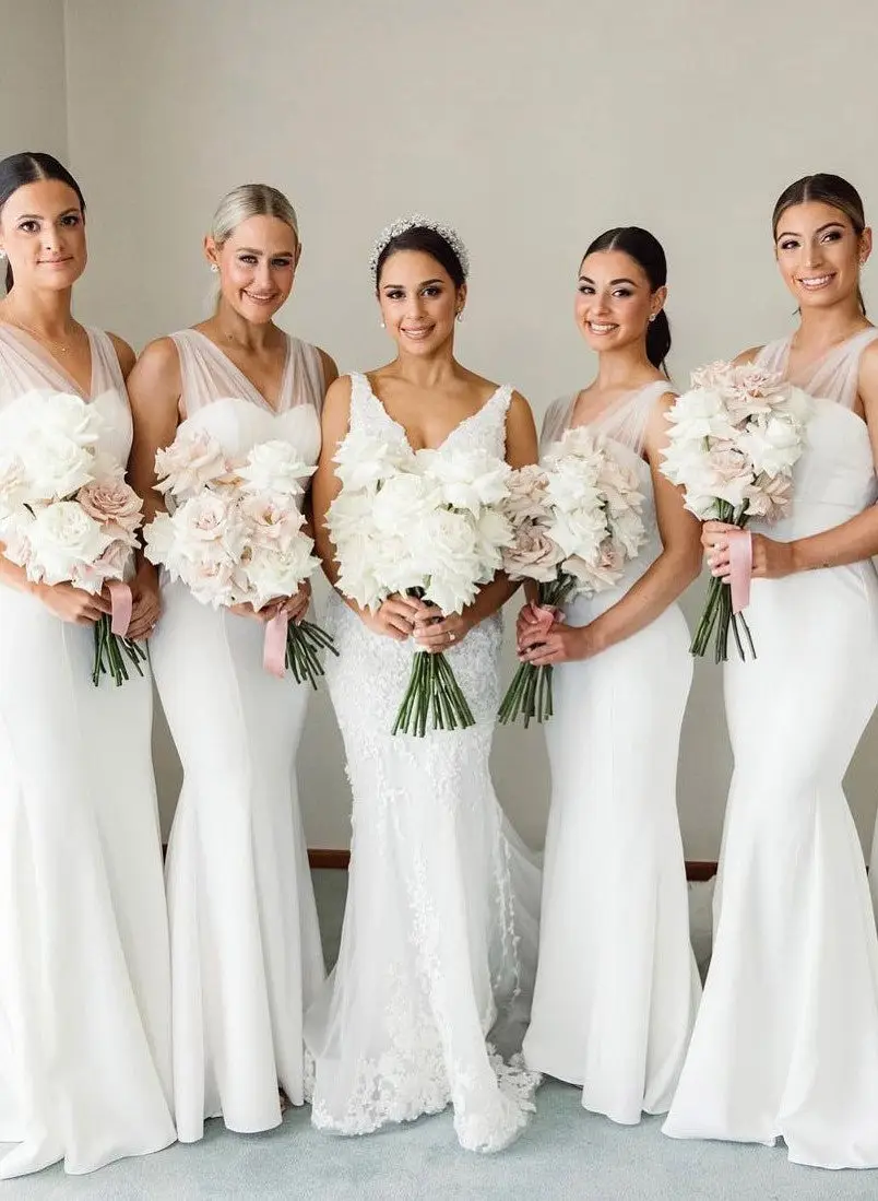 Trumpet/Mermaid V-Neck Sleeveless Sweep Train Ruched Bridesmaid Dresses with Sash — view 1