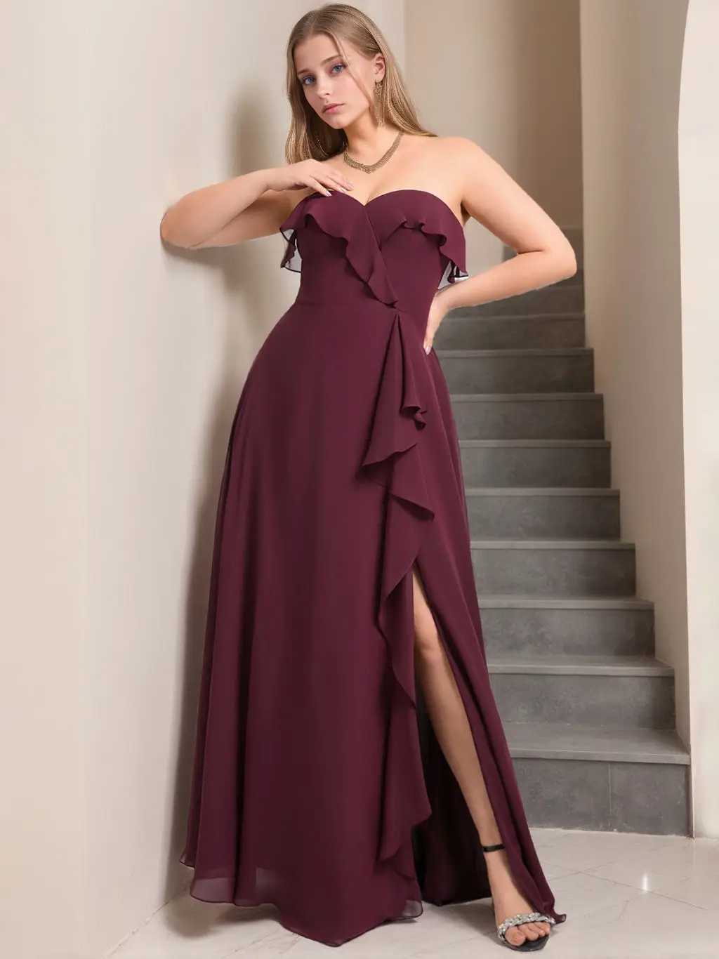 A-Line/Princess Sweetheart Sleeveless Floor-Length Plus Size Bridesmaid Dresses with Ruffles — view 1